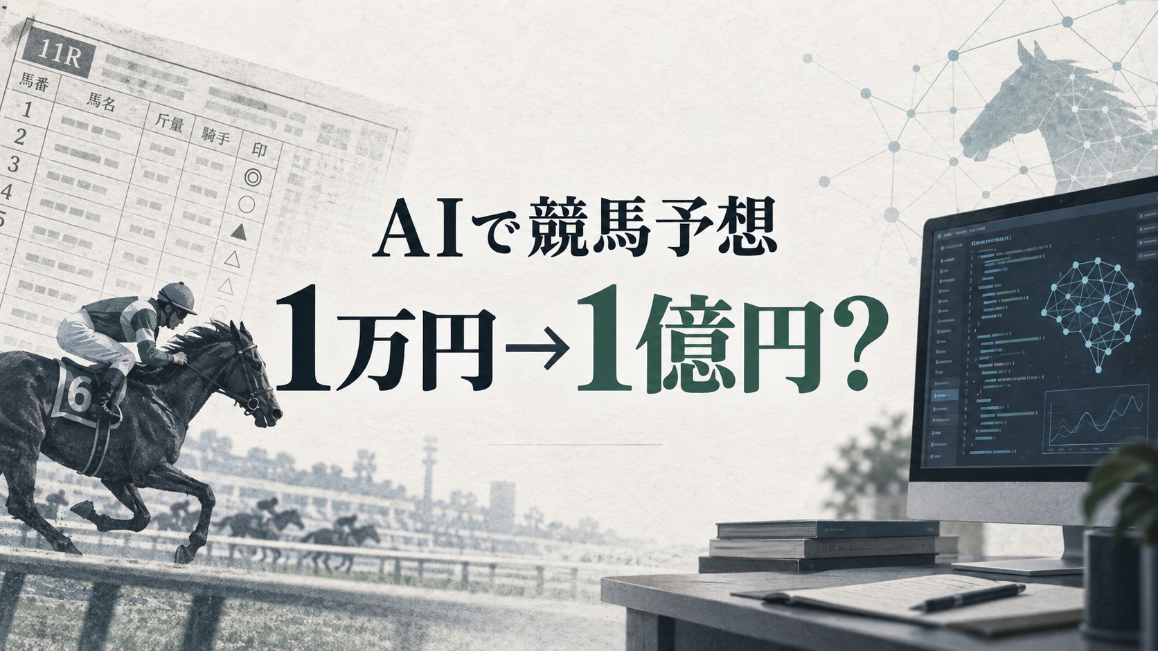 競馬新聞と競走馬、AI開発画面を背景に「AIで競馬予想」「1万円→1億円？」と配置した企画アイキャッチ。